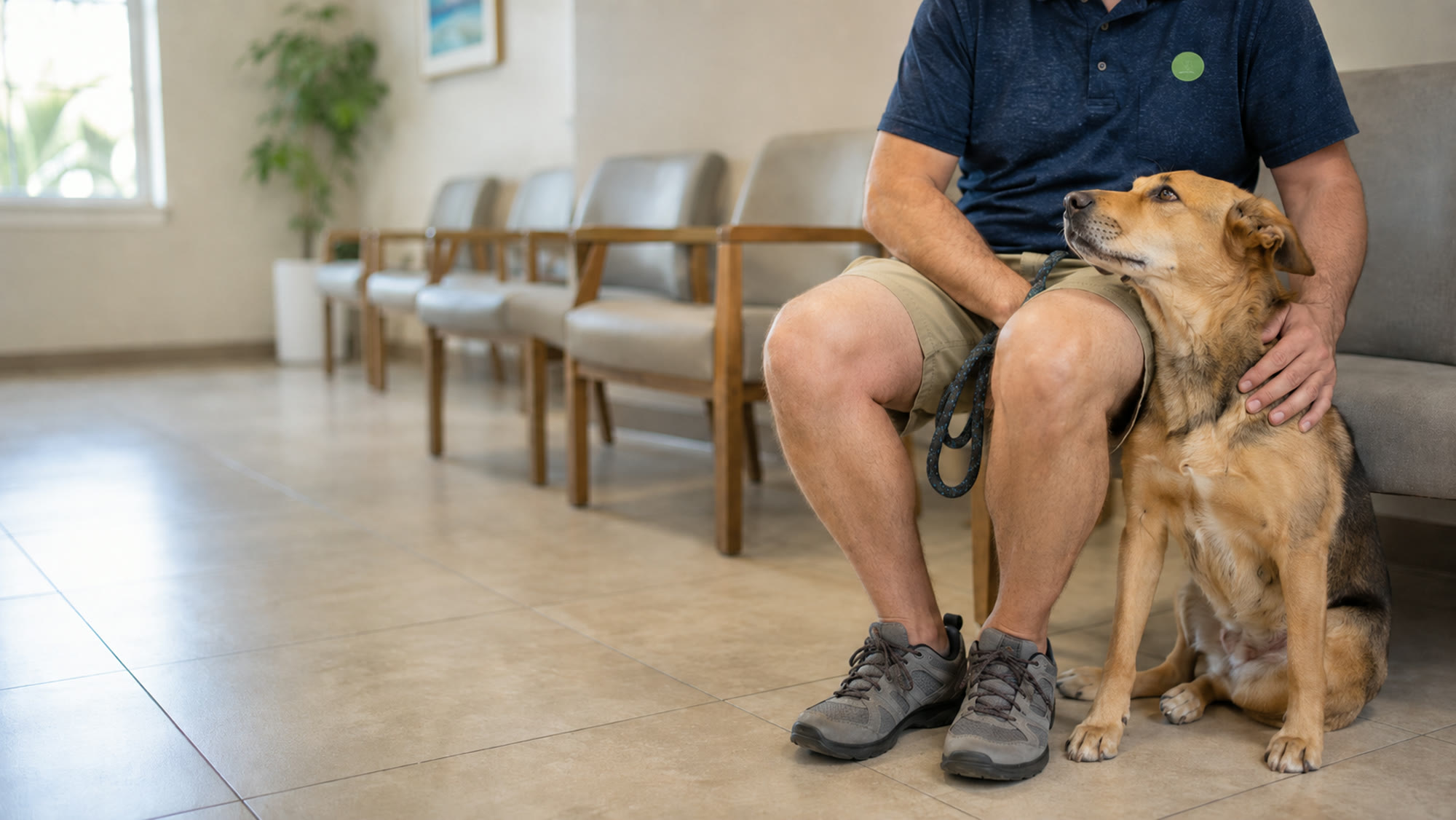 A dog leaning against its sitter on a bench in a veterinary waiting room