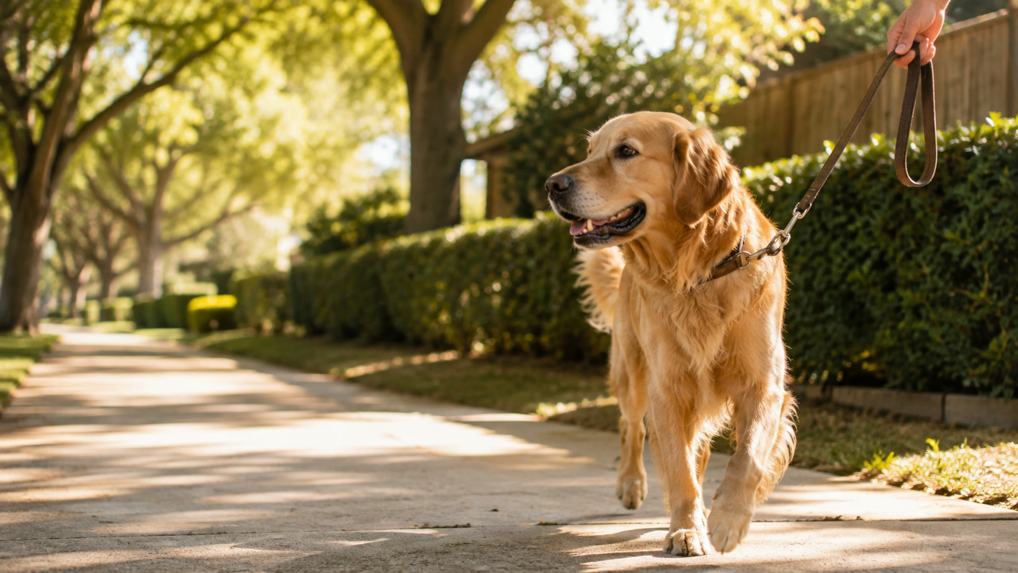 A golden retriever walking on a shaded Houston sidewalk